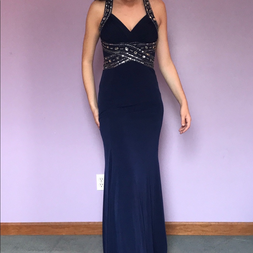 Navy blue rhinestone ball gown